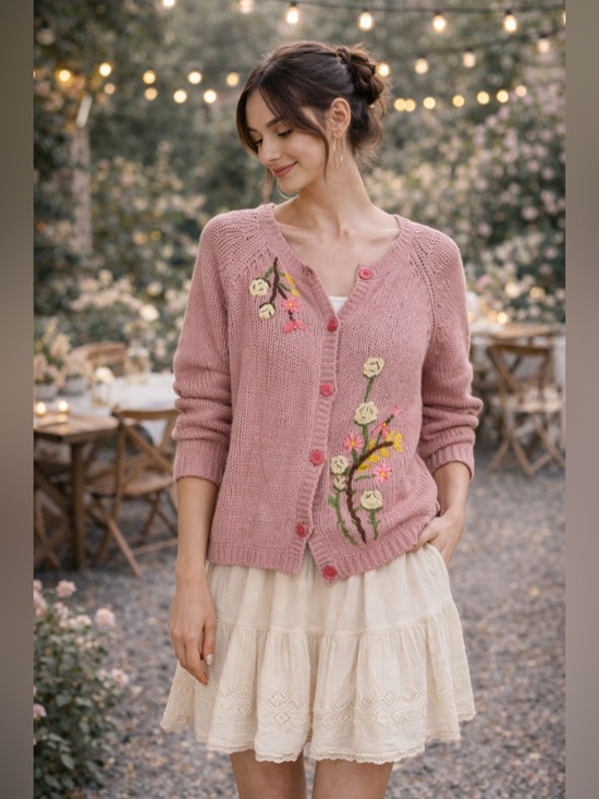LoveShackFancy Sweaters - LoveShackFancy Pink Floral Anastasia Cardigan SZ S Knit Embroidered